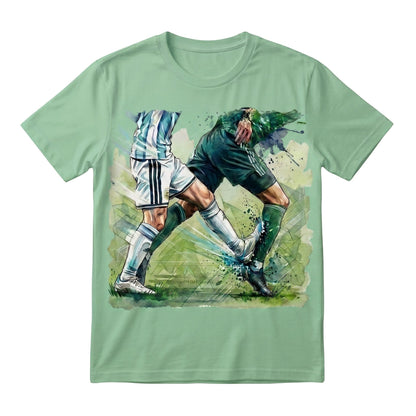  sage green cotton t-shirt featuring a dynamic watercolor graphic of two soccer players in a duel.