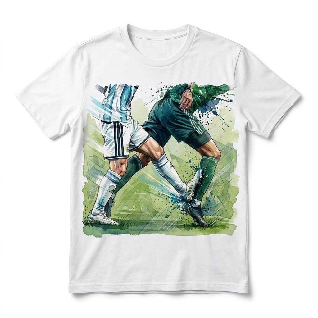  white cotton t-shirt featuring a vibrant watercolor graphic of two soccer players in a duel.