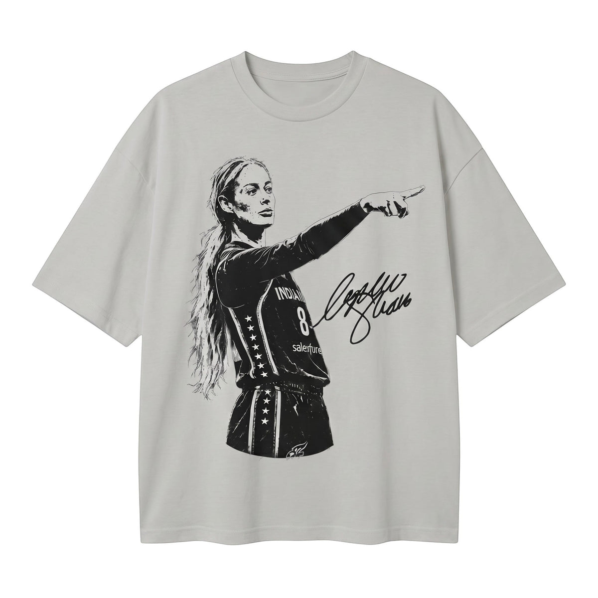  grey oversized cotton t-shirt featuring a black graphic of a basketball player pointing and signature
