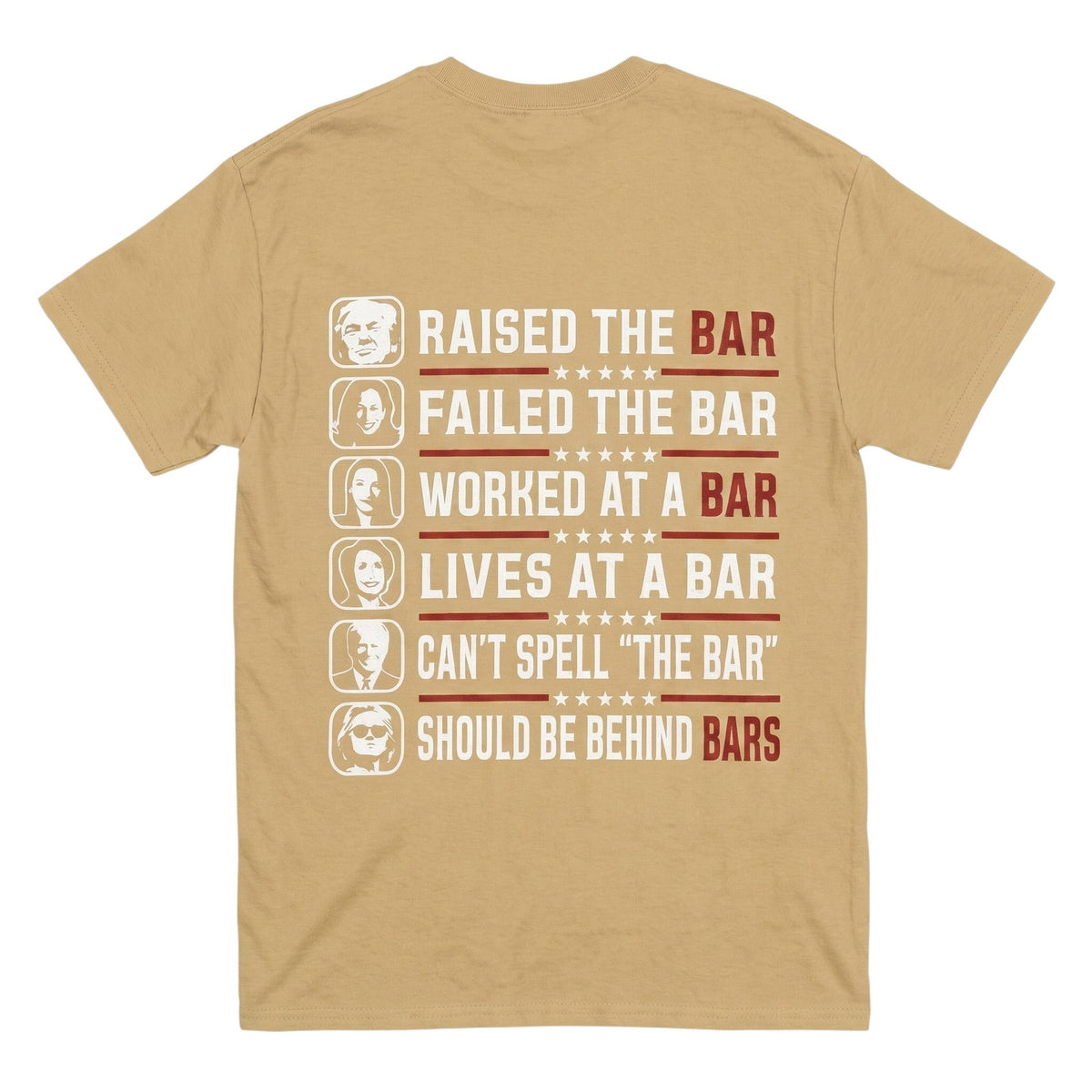  tan 100% cotton t-shirt featuring a funny political graphic print on the back