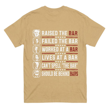  tan 100% cotton t-shirt featuring a funny political graphic print on the back