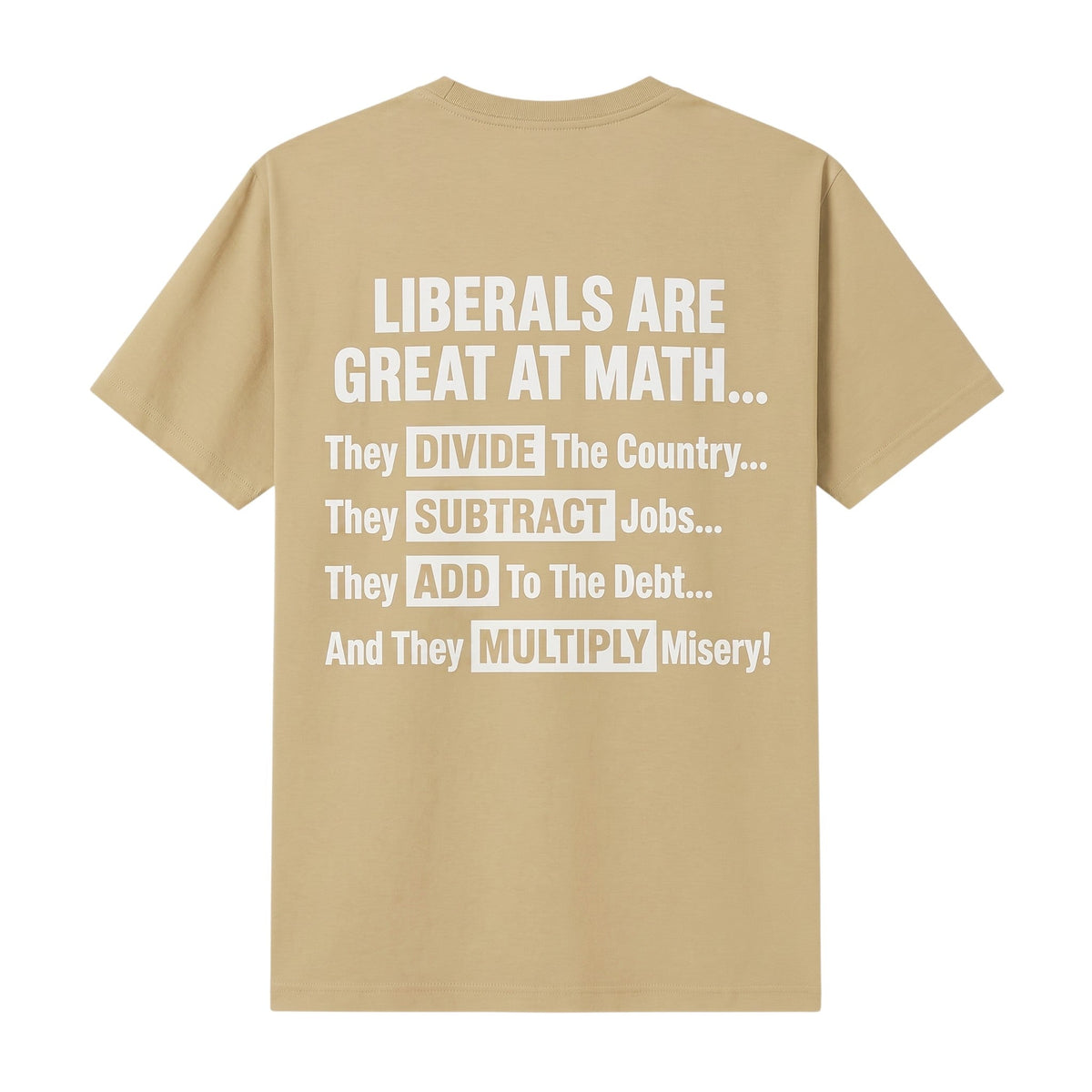  tan t-shirt featuring white text about political math on the back