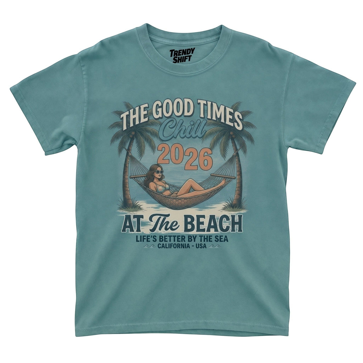  retro teal graphic t-shirt featuring a woman in a hammock between palm trees and beach text.