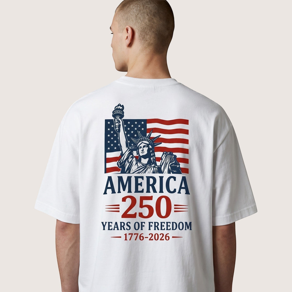  white cotton unisex t-shirt featuring a Statue of Liberty and American flag 250th anniversary graphic