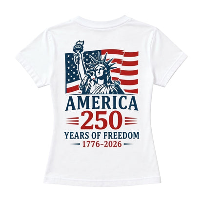 white cotton t-shirt featuring a Statue of Liberty and American flag 250th anniversary graphic.