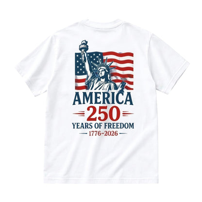  white cotton t-shirt featuring a Statue of Liberty and American flag graphic for 250th anniversary.