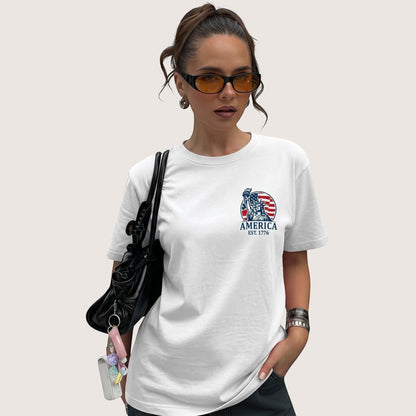  white cotton unisex t-shirt featuring a Statue of Liberty and American flag graphic for 250th anniversary