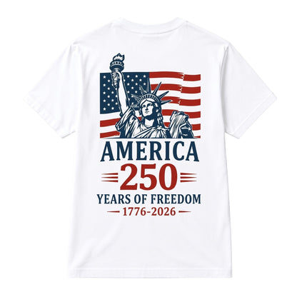  white cotton unisex t-shirt featuring a Statue of Liberty and American flag 250th anniversary graphic