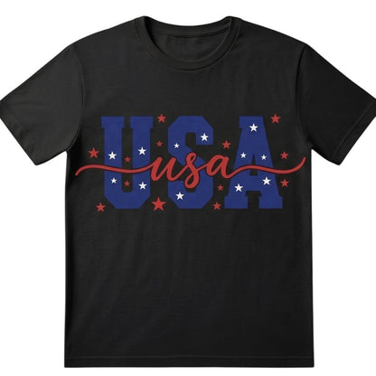  black unisex cotton t-shirt featuring a patriotic USA graphic with red, white, and blue star design.
