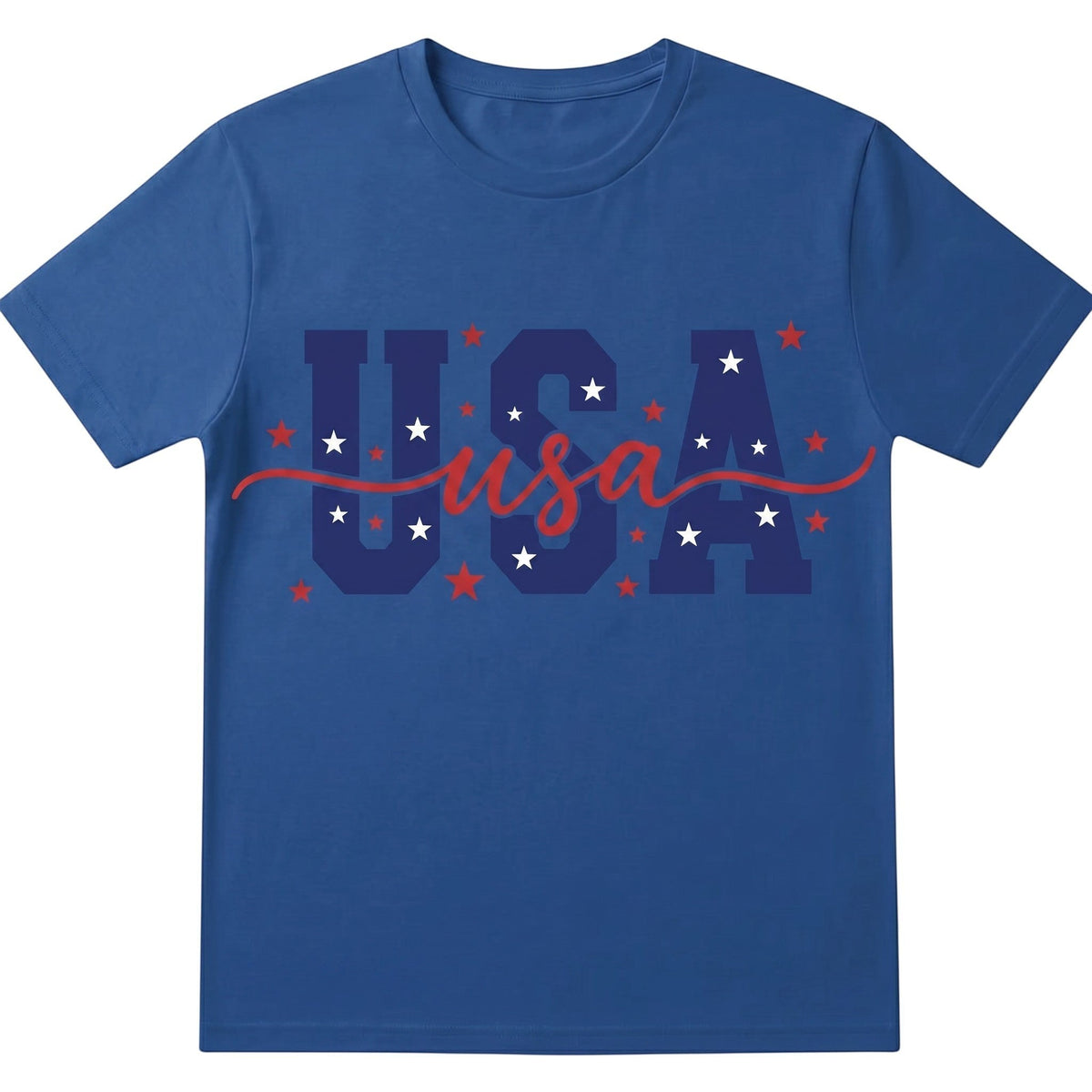  unisex blue cotton t-shirt with patriotic USA typography and red and white star graphic design