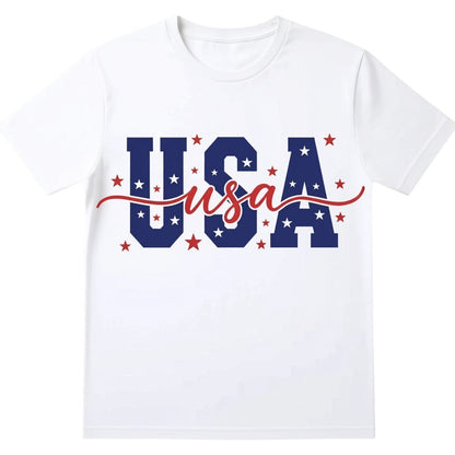  white unisex cotton t-shirt featuring a bold blue USA graphic with red and white patriotic stars.