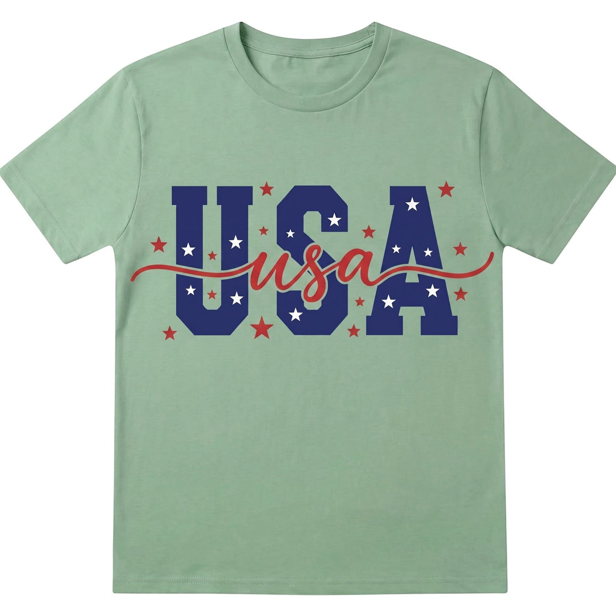  unisex sage green cotton t-shirt featuring a patriotic USA graphic with stars and red script text.
