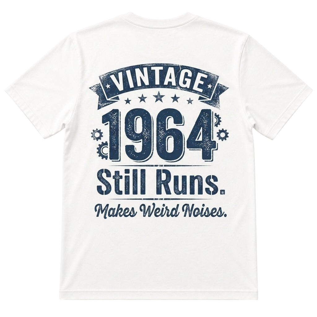  white 100% cotton t-shirt featuring a vintage 1964 Still Runs Makes Weird Noises graphic on the back.