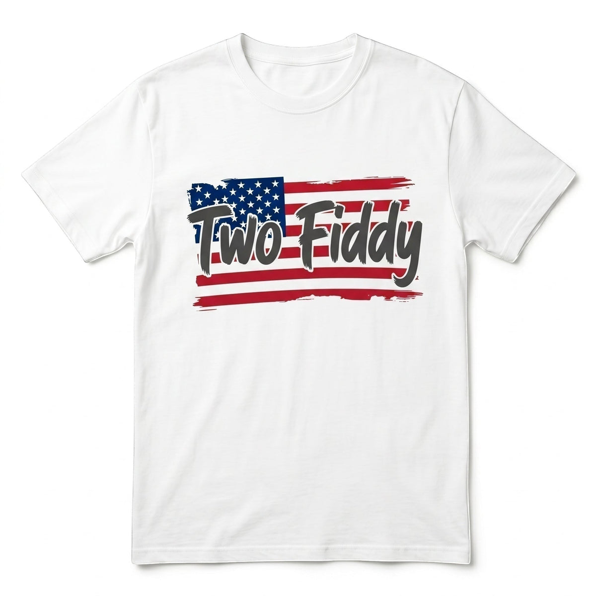  white cotton t-shirt with a distressed American flag graphic and Two Fiddy brushstroke typography.