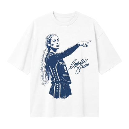  white cotton t-shirt featuring a blue graphic illustration of a female basketball player pointing.