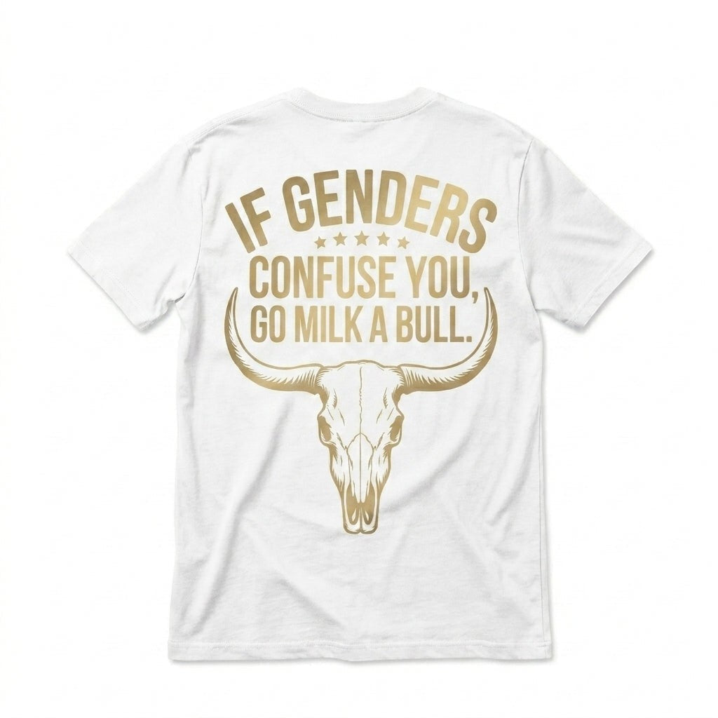  white t-shirt featuring a gold bull skull graphic and the text If Genders Confuse You Go Milk A Bull