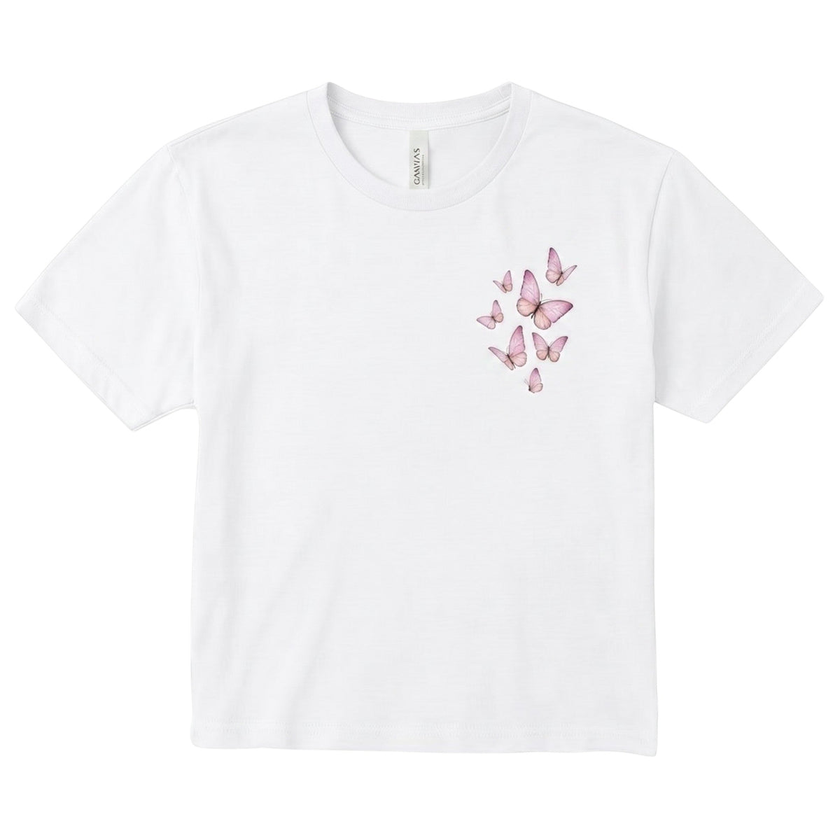  white cropped crewneck t-shirt featuring a delicate pink butterfly graphic on the chest.