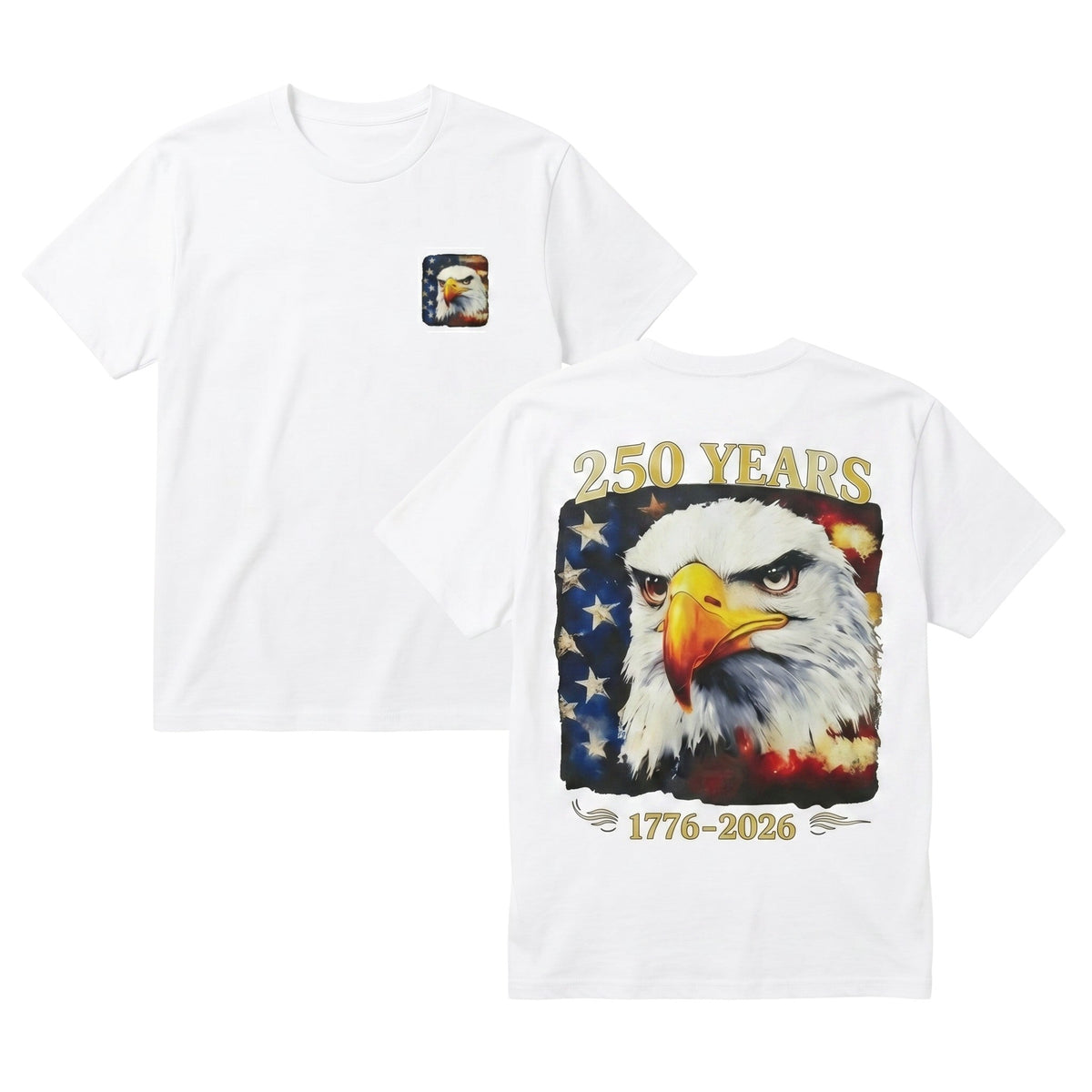  white cotton t-shirt with American eagle and distressed flag graphic on chest and back
