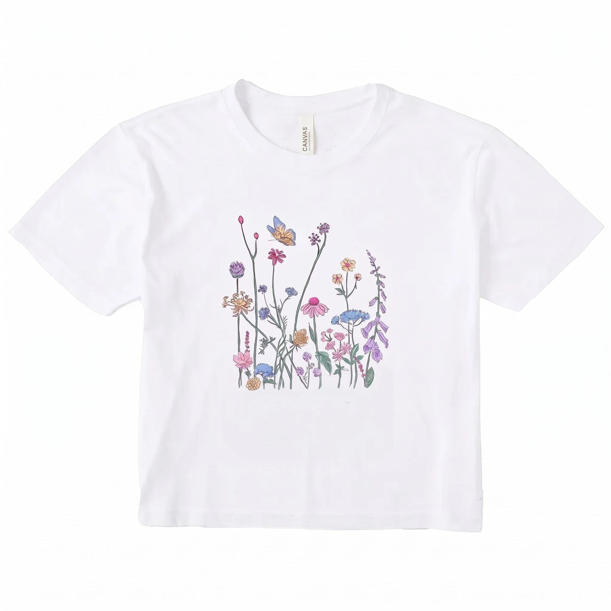  white micro rib t-shirt featuring a colorful wildflower and butterfly botanical illustration