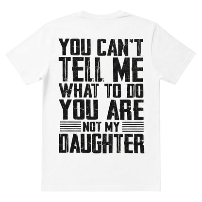  white cotton t-shirt with distressed black typography graphic on the back, featuring a bold quote.