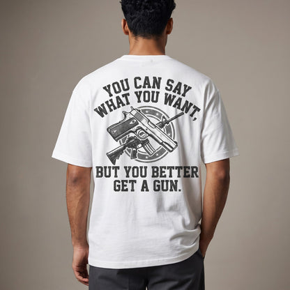  white cotton t-shirt with back graphic print featuring firearms and bold text slogan