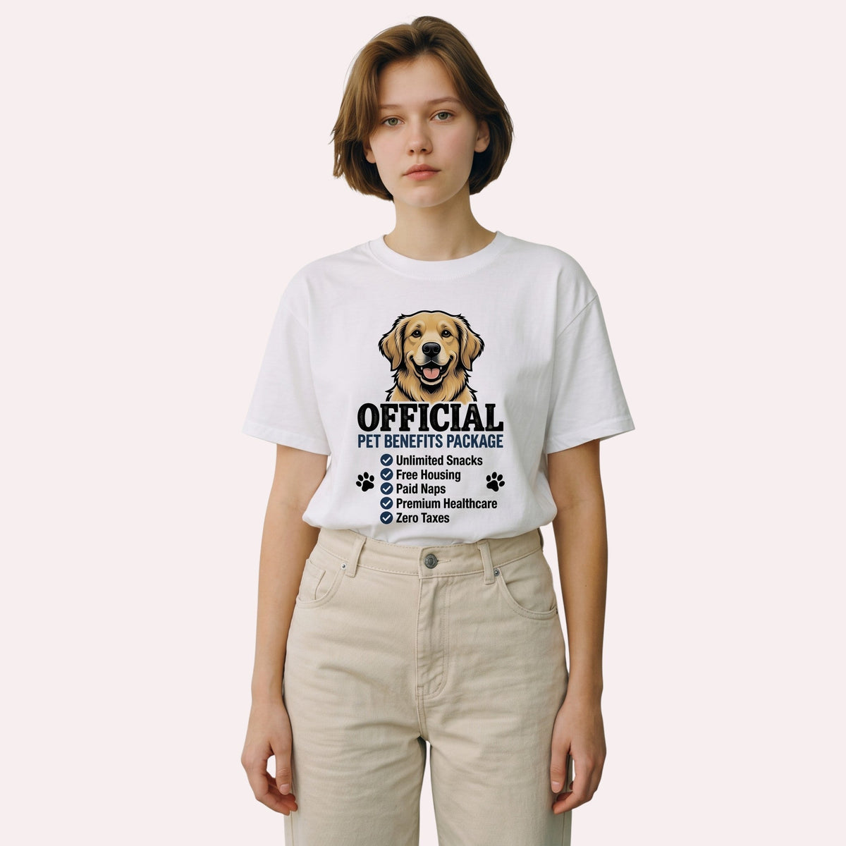  white cotton unisex t-shirt featuring a golden retriever graphic and pet benefits list text.
