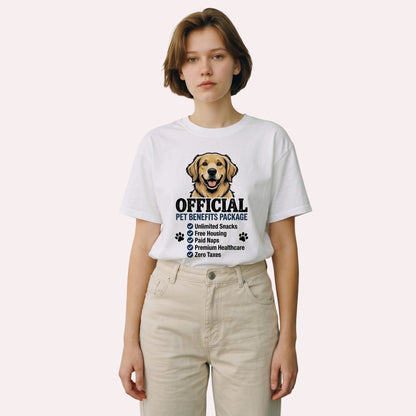  white cotton unisex t-shirt featuring a golden retriever graphic and pet benefits list text.