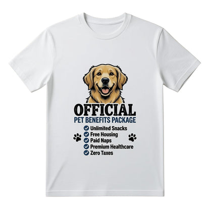  white cotton unisex t-shirt featuring a golden retriever graphic and Official Pet Benefits Package text.