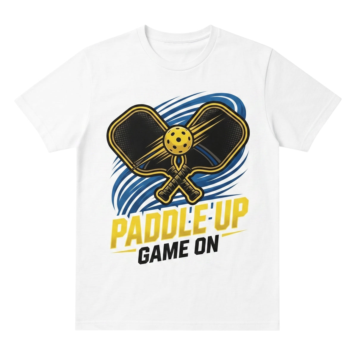  white cotton unisex t-shirt featuring a graphic of two pickleball paddles and a ball with text.