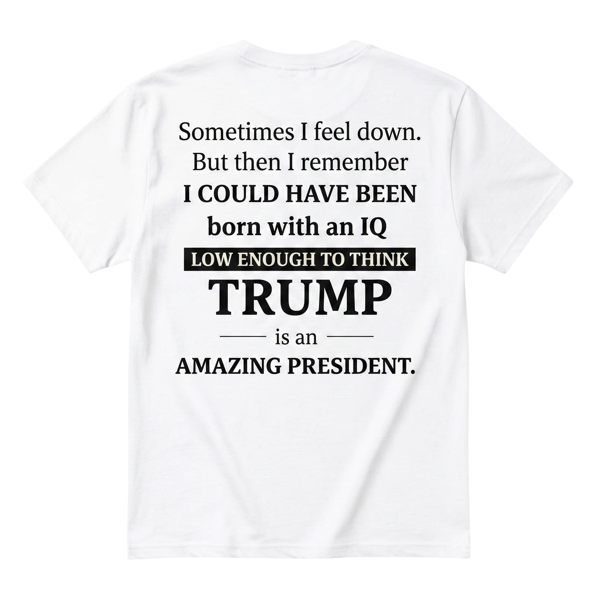  white unisex cotton t-shirt featuring bold black satirical political typography on the back.