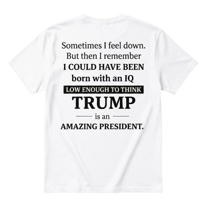  white unisex cotton t-shirt featuring bold black satirical political typography on the back.