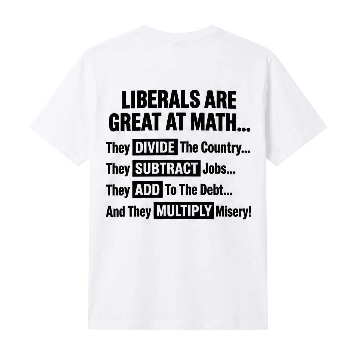  white t-shirt featuring black text about political math on the back