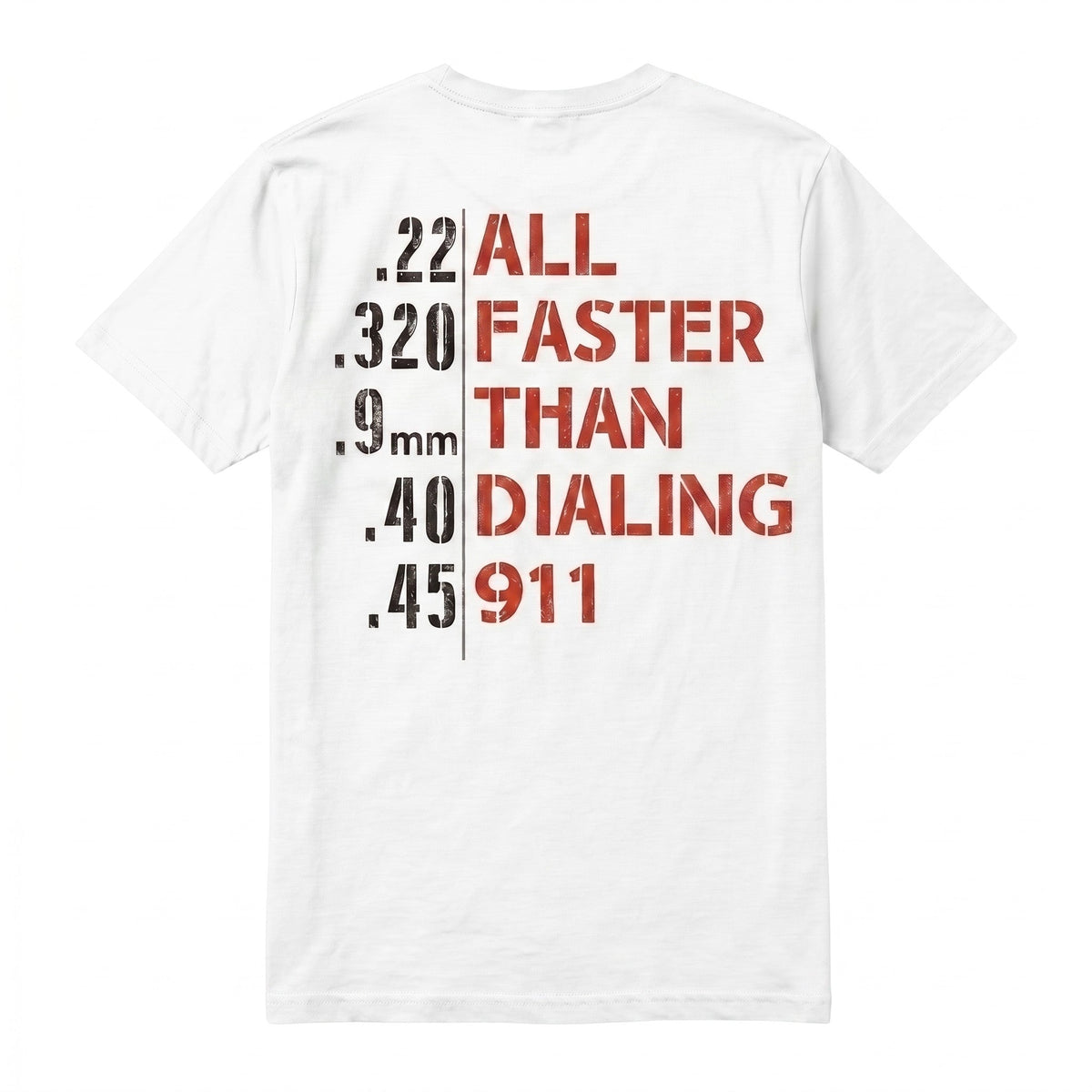  white cotton unisex t-shirt featuring a distressed red tactical graphic with handgun caliber text.