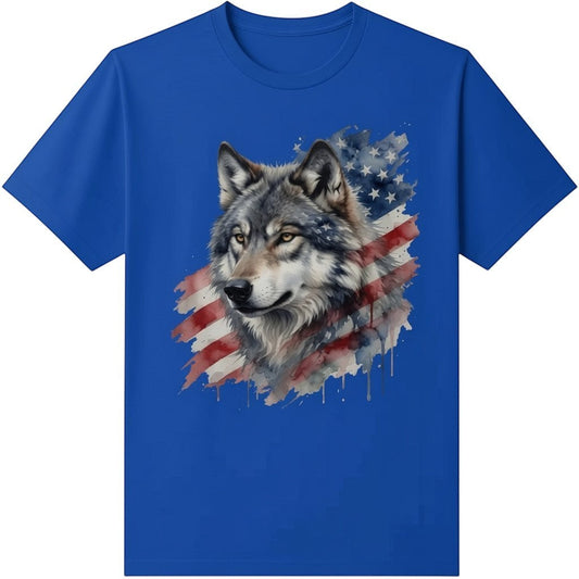  blue t-shirt featuring a watercolor wolf and American flag graphic print.