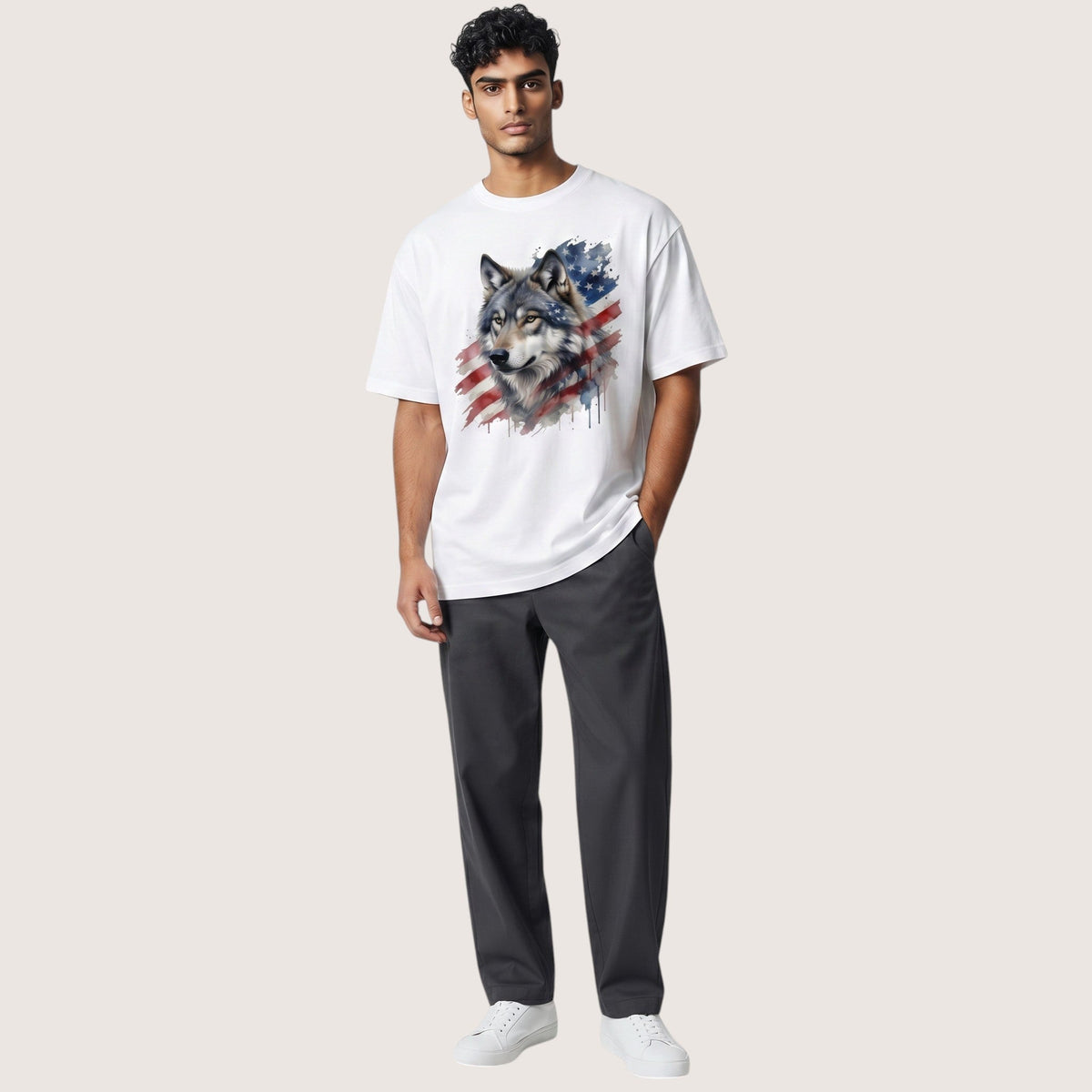  white t-shirt featuring a watercolor wolf and American flag graphic worn by a male model.