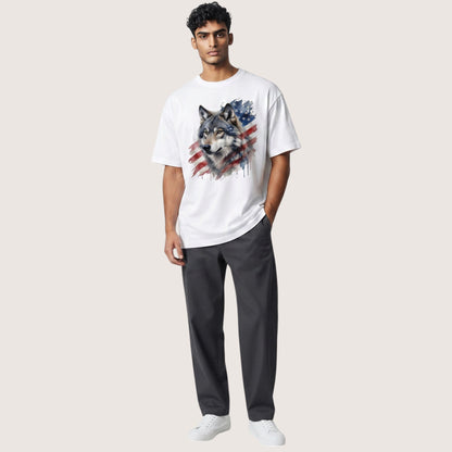  white t-shirt featuring a watercolor wolf and American flag graphic worn by a male model.
