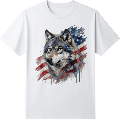  white t-shirt featuring a watercolor wolf graphic overlaid on a patriotic American flag design.