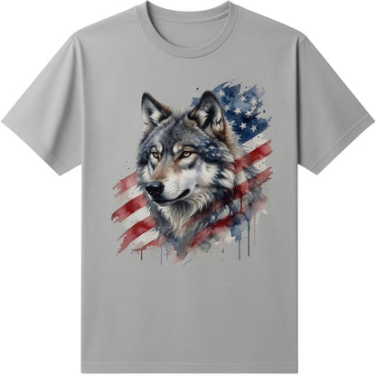  grey t-shirt featuring a watercolor wolf graphic overlaid with an American flag design.