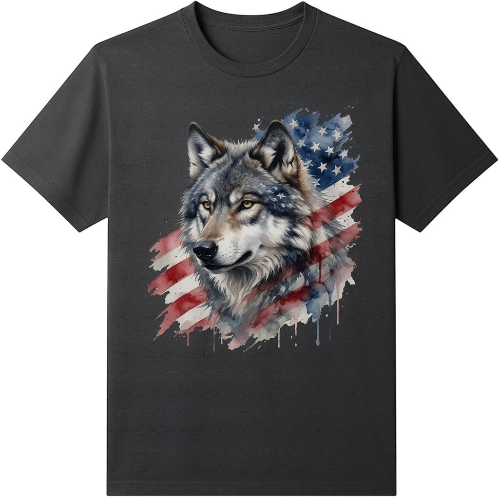  black t-shirt featuring a watercolor wolf graphic merged with an American flag design.