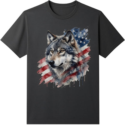  black t-shirt featuring a watercolor wolf graphic merged with an American flag design.