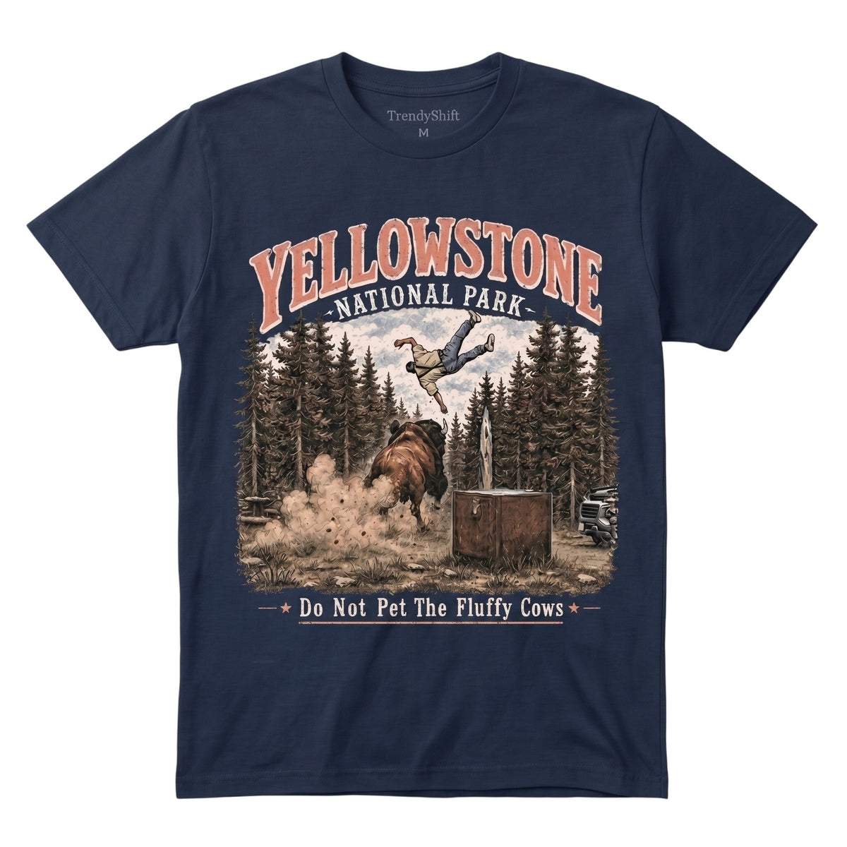  navy blue 100% cotton t-shirt featuring a Yellowstone National Park graphic with a bison illustration