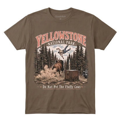  brown cotton Yellowstone National Park graphic t-shirt featuring a bison charging a tourist