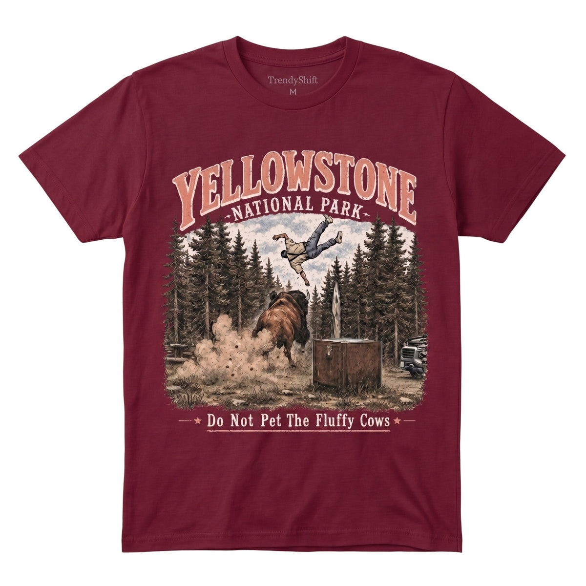  maroon 100% cotton Yellowstone National Park graphic tee featuring a humorous bison encounter print.