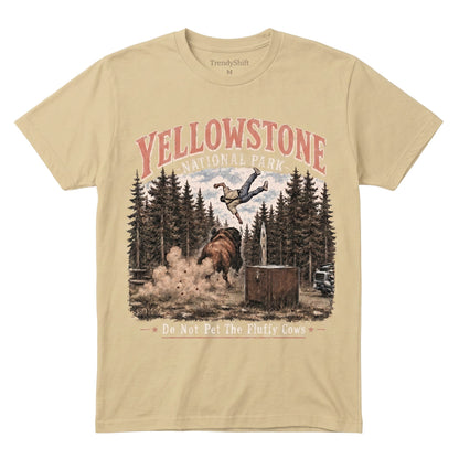  beige 100% cotton Yellowstone National Park graphic t-shirt with bison and forest print.