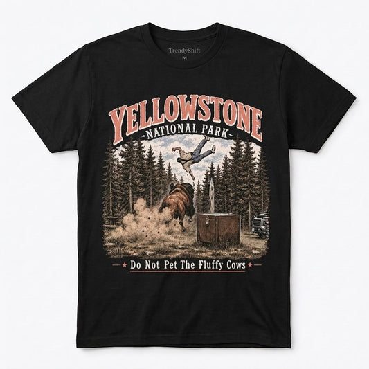  black 100% cotton Yellowstone National Park graphic t-shirt featuring a bison and humorous text.