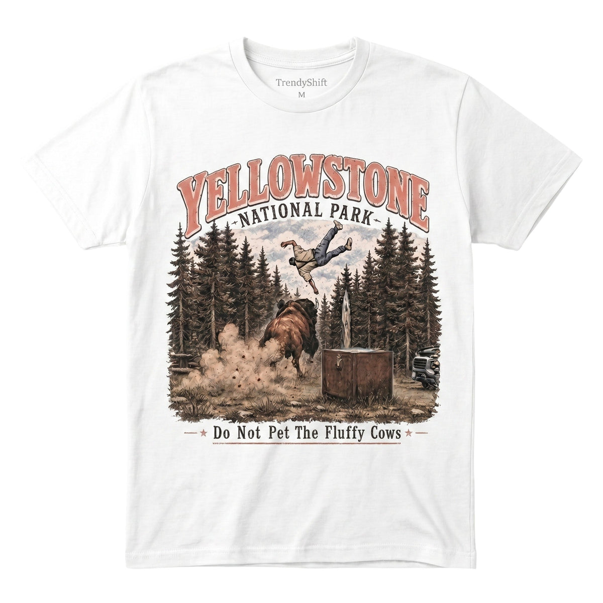  white 100% cotton Yellowstone National Park graphic t-shirt featuring a bison and humorous design.
