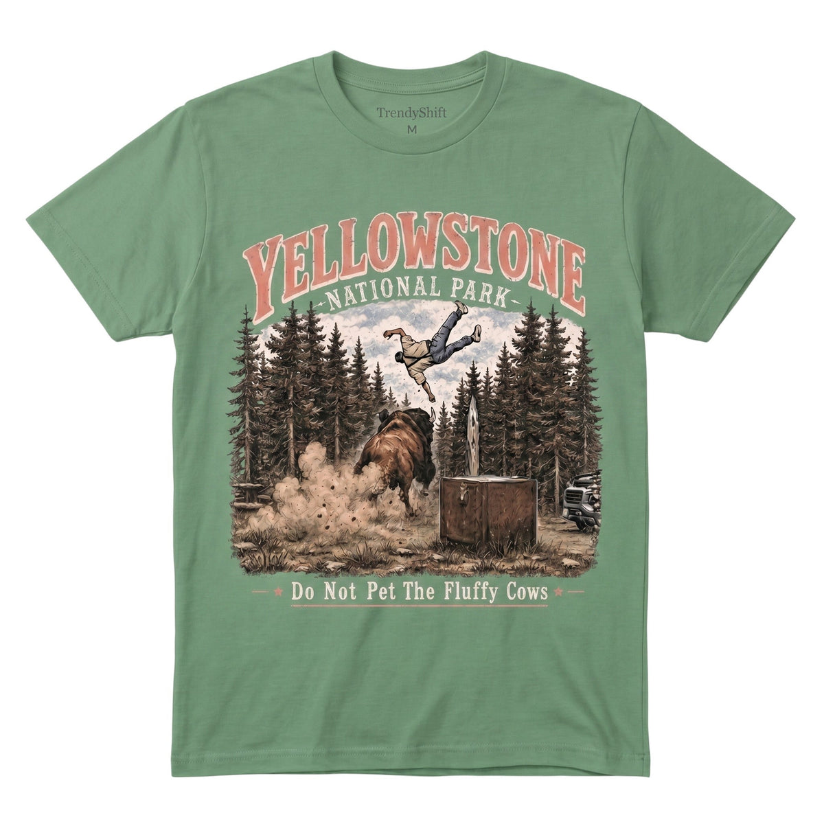  sage green 100% cotton Yellowstone National Park graphic t-shirt with bison and hiker illustration.