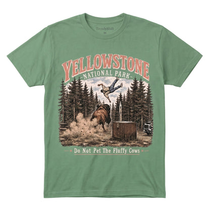  sage green 100% cotton Yellowstone National Park graphic t-shirt with bison and hiker illustration.