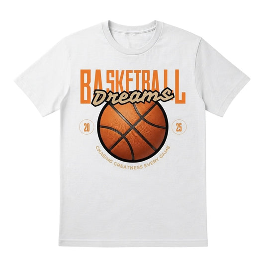  white cotton t-shirt with orange basketball graphic and Chasing Greatness Every Game text