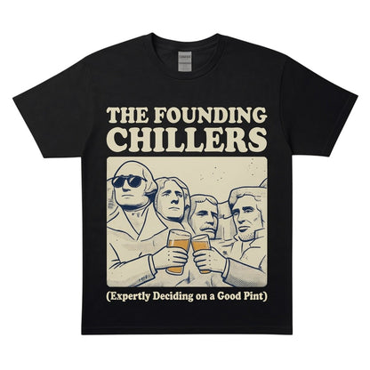  black cotton t-shirt featuring The Founding Chillers graphic of presidents drinking beer